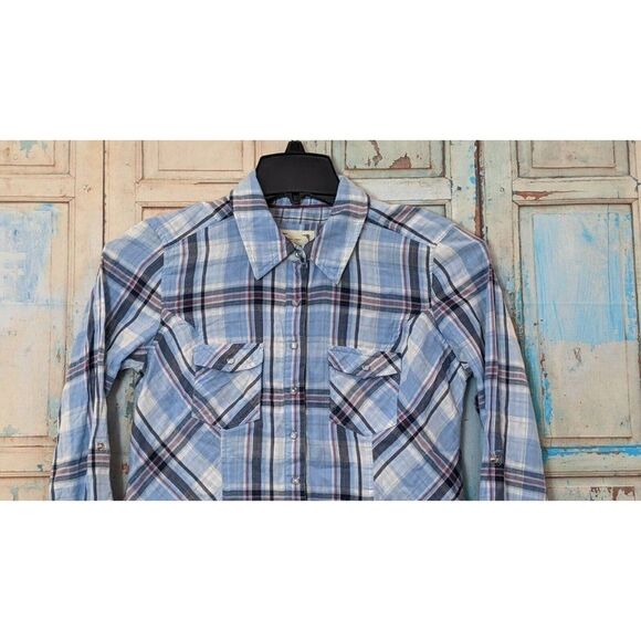 Style & Co. Womens XS Blue White Plaid Pearl Snap Roll Tab Sleeves Western Shirt - Picture 3 of 7